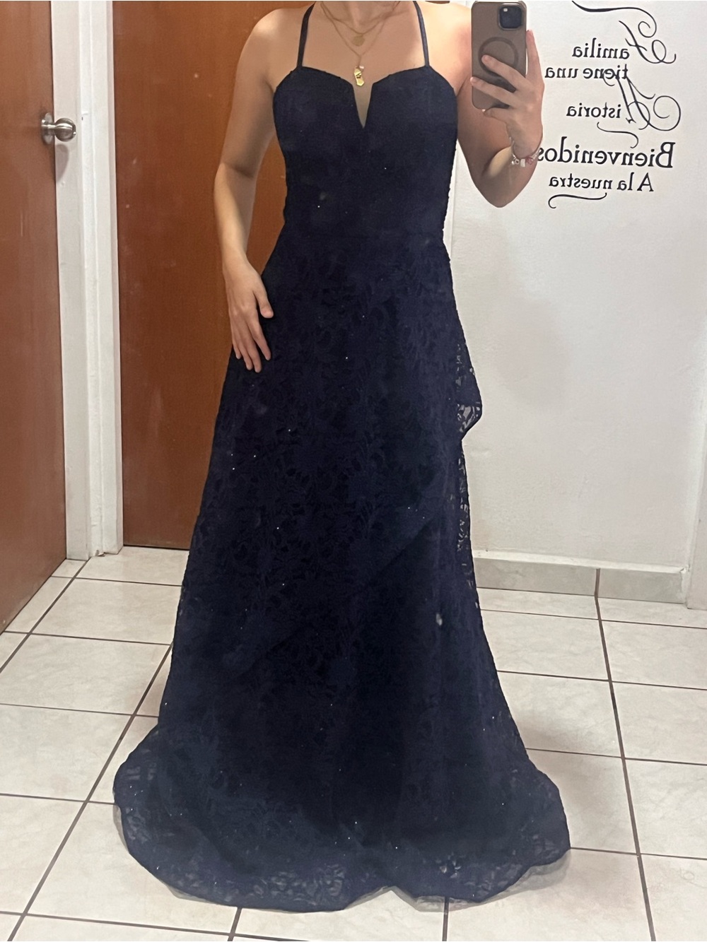 Elegant Navy Lace Halter Evening Gown - Women Dresses